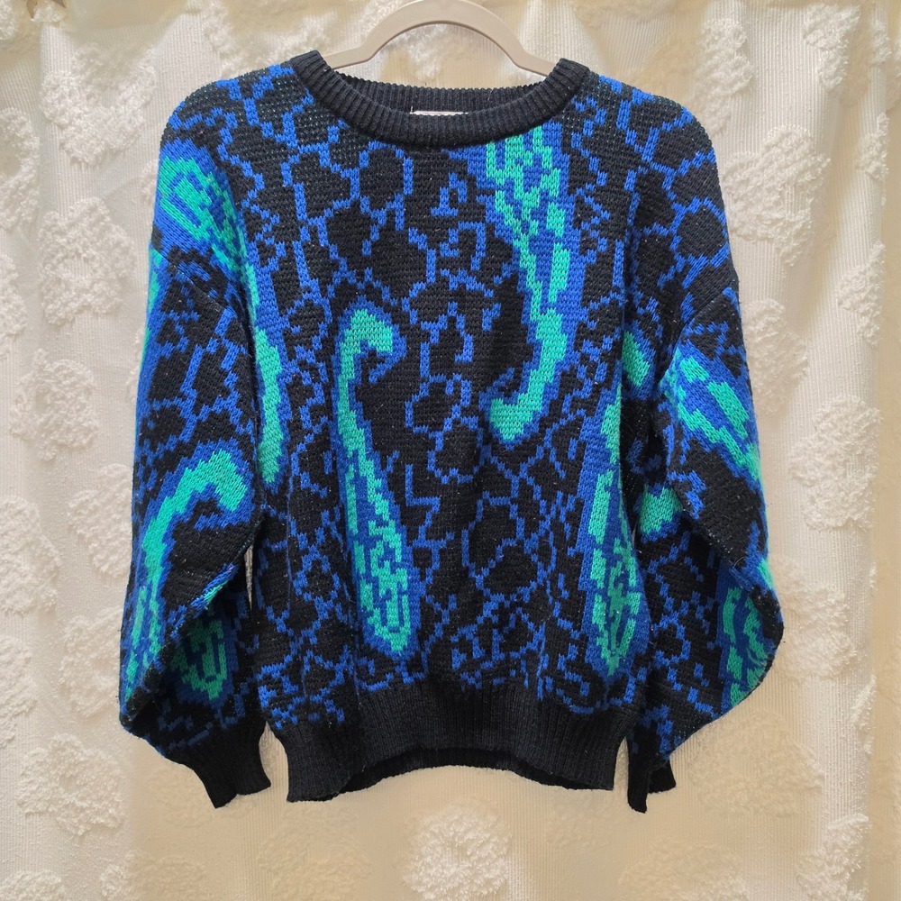 Vintage Celebration Abstract Geometric Knit Sweater Blue Green Black Women Large